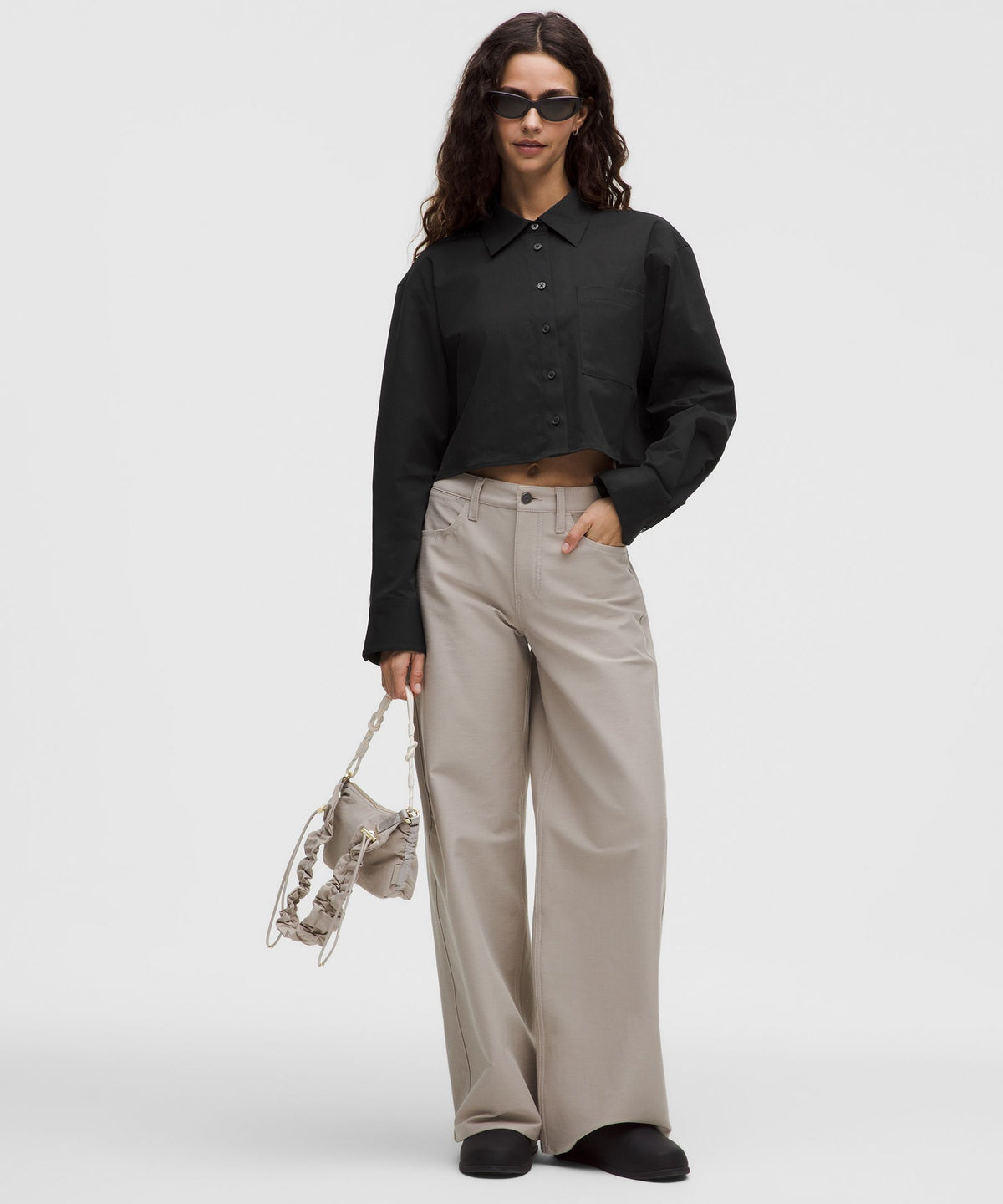 Woven Cropped Button-Up Long-Sleeve Shirt