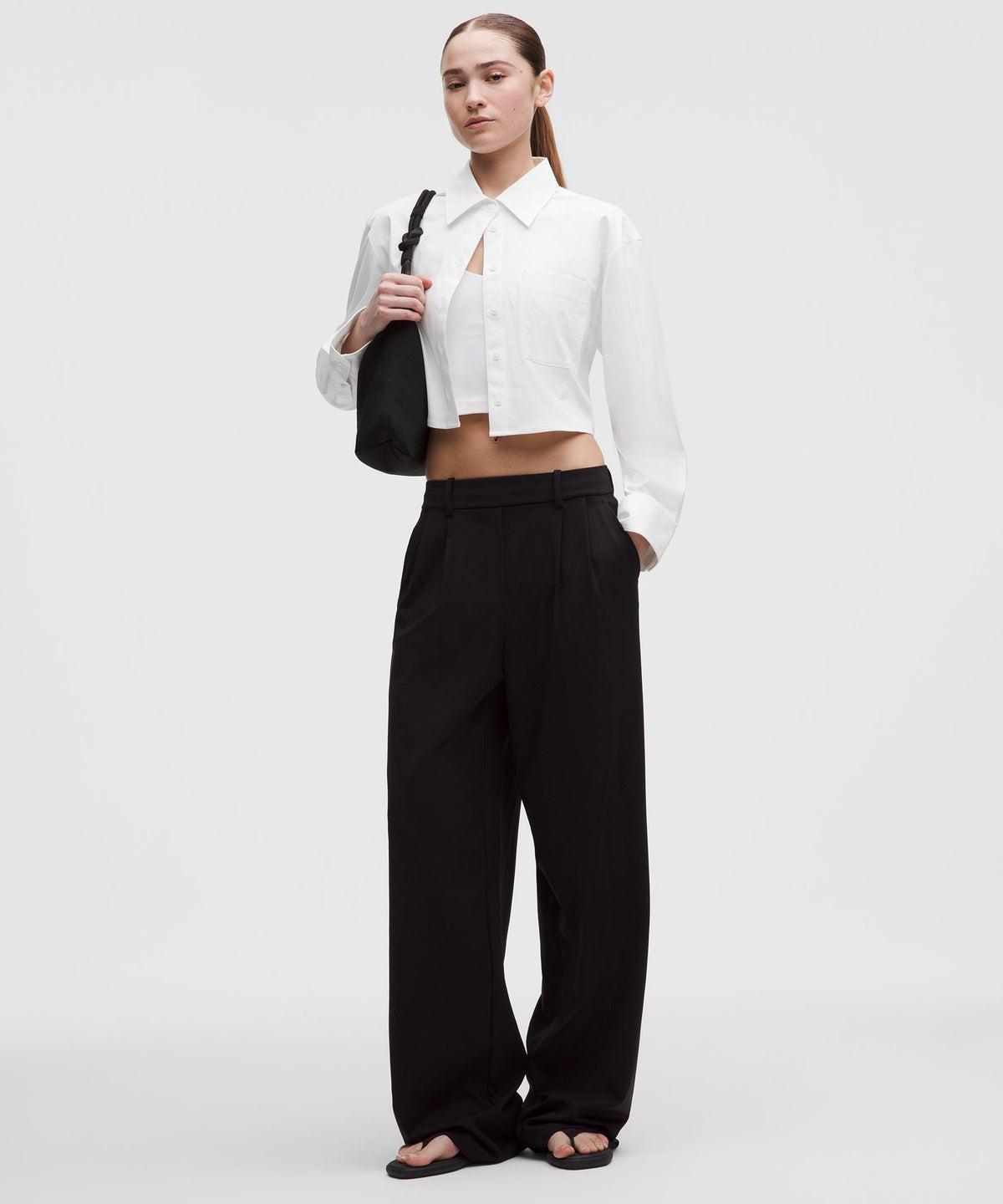 Woven Cropped Button-Up Long-Sleeve Shirt