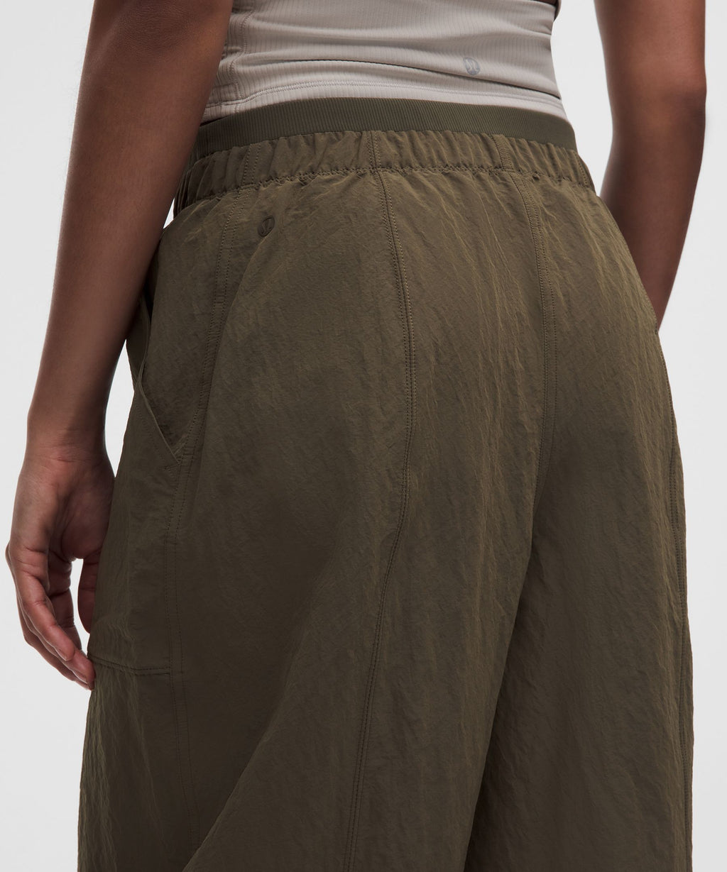 Crinkle Nylon Mid-Rise Barrel-Leg Pant