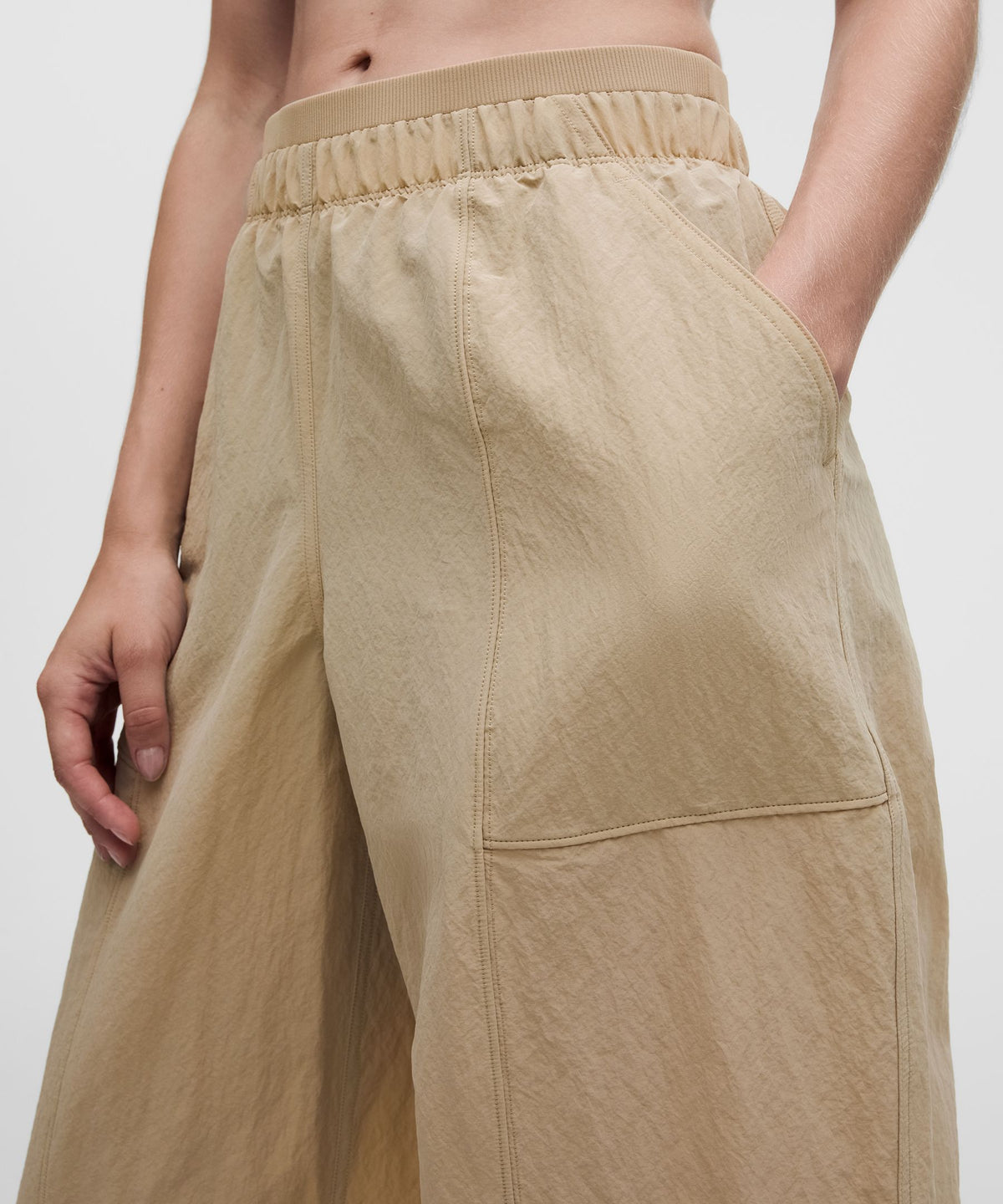 Crinkle Nylon Mid-Rise Barrel-Leg Pant