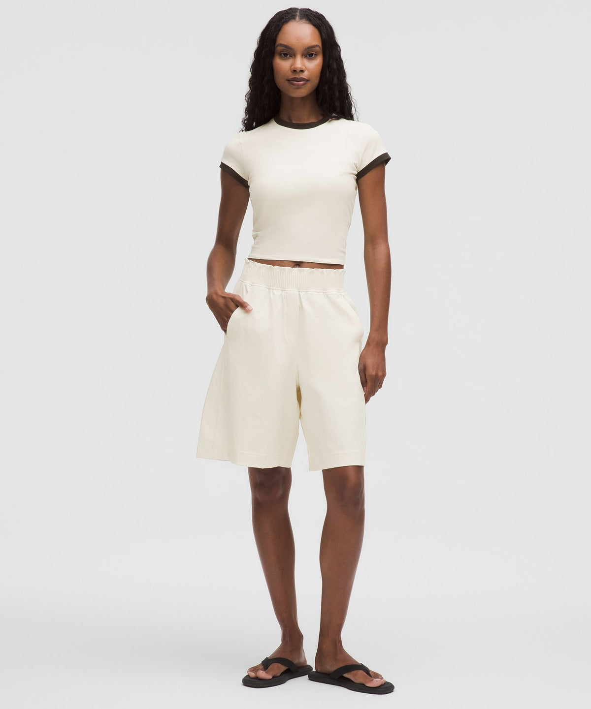 Stretch Woven Ruffle-Waist High-Rise Short 9"